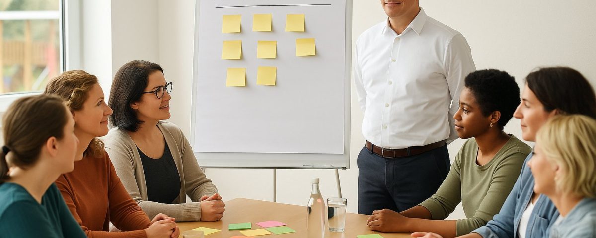 Mediator (Mann im weißen Hemd) steht vor einem Flipchart mit dem Titel „Handlungsplan“ und spricht mit einer Gruppe von Erzieherinnen in einem hellen Raum mit Fenster auf der linken Seite.