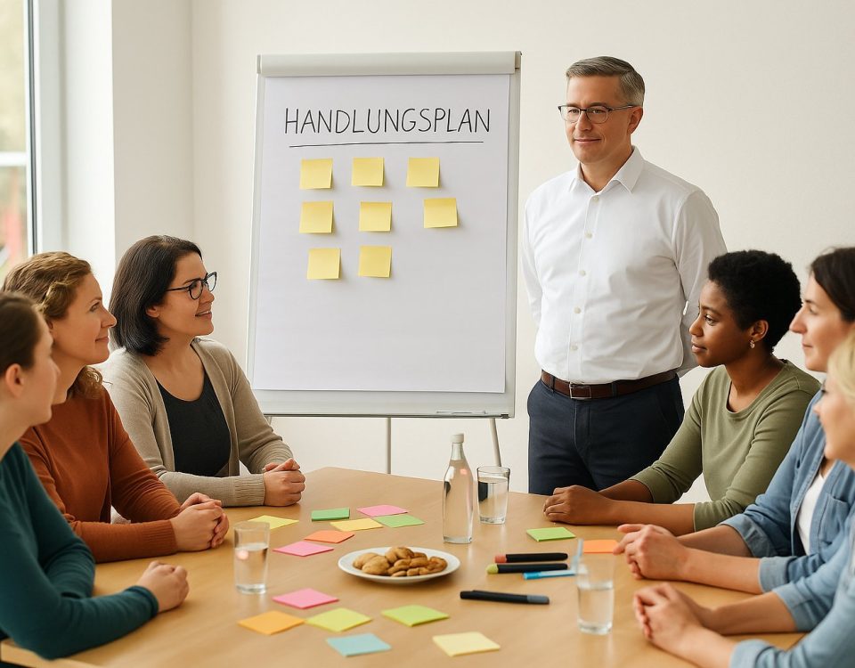 Mediator (Mann im weißen Hemd) steht vor einem Flipchart mit dem Titel „Handlungsplan“ und spricht mit einer Gruppe von Erzieherinnen in einem hellen Raum mit Fenster auf der linken Seite.