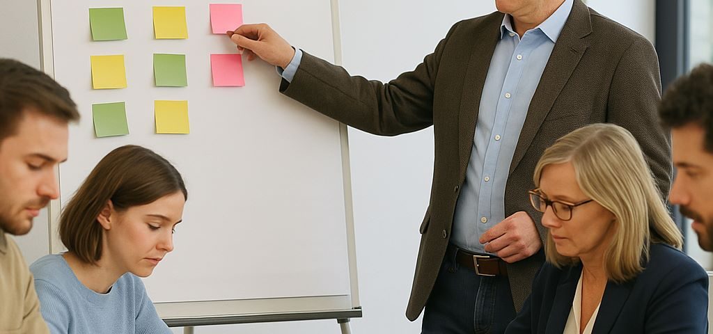 Mediator moderiert Klärungsgespräch mit Verwaltungsmitarbeitenden aus verschiedenen Abteilungen