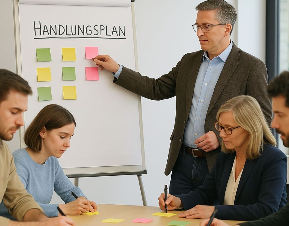 Mediator moderiert Klärungsgespräch mit Verwaltungsmitarbeitenden aus verschiedenen Abteilungen