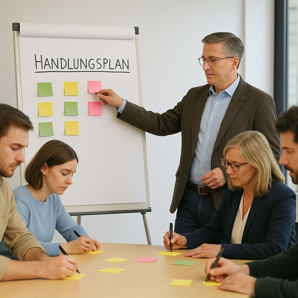 Mediator moderiert Klärungsgespräch mit Verwaltungsmitarbeitenden aus verschiedenen Abteilungen