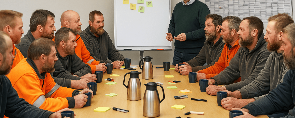 Mediator klärt mit Bauhofmitarbeitern an einem Flipchart einen Teamkonflikt im kommunalen Betrieb und erarbeitet konkrete Lösungen zur Wiederherstellung der Zusammenarbeit.
