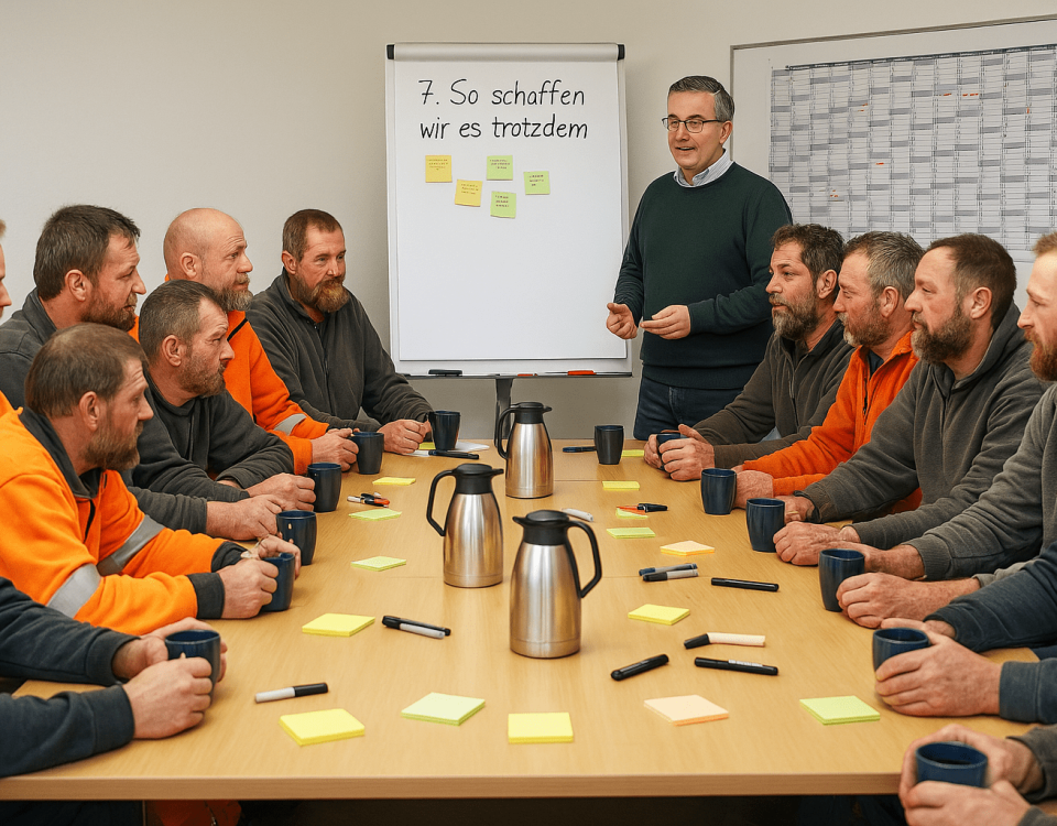 Mediator klärt mit Bauhofmitarbeitern an einem Flipchart einen Teamkonflikt im kommunalen Betrieb und erarbeitet konkrete Lösungen zur Wiederherstellung der Zusammenarbeit.