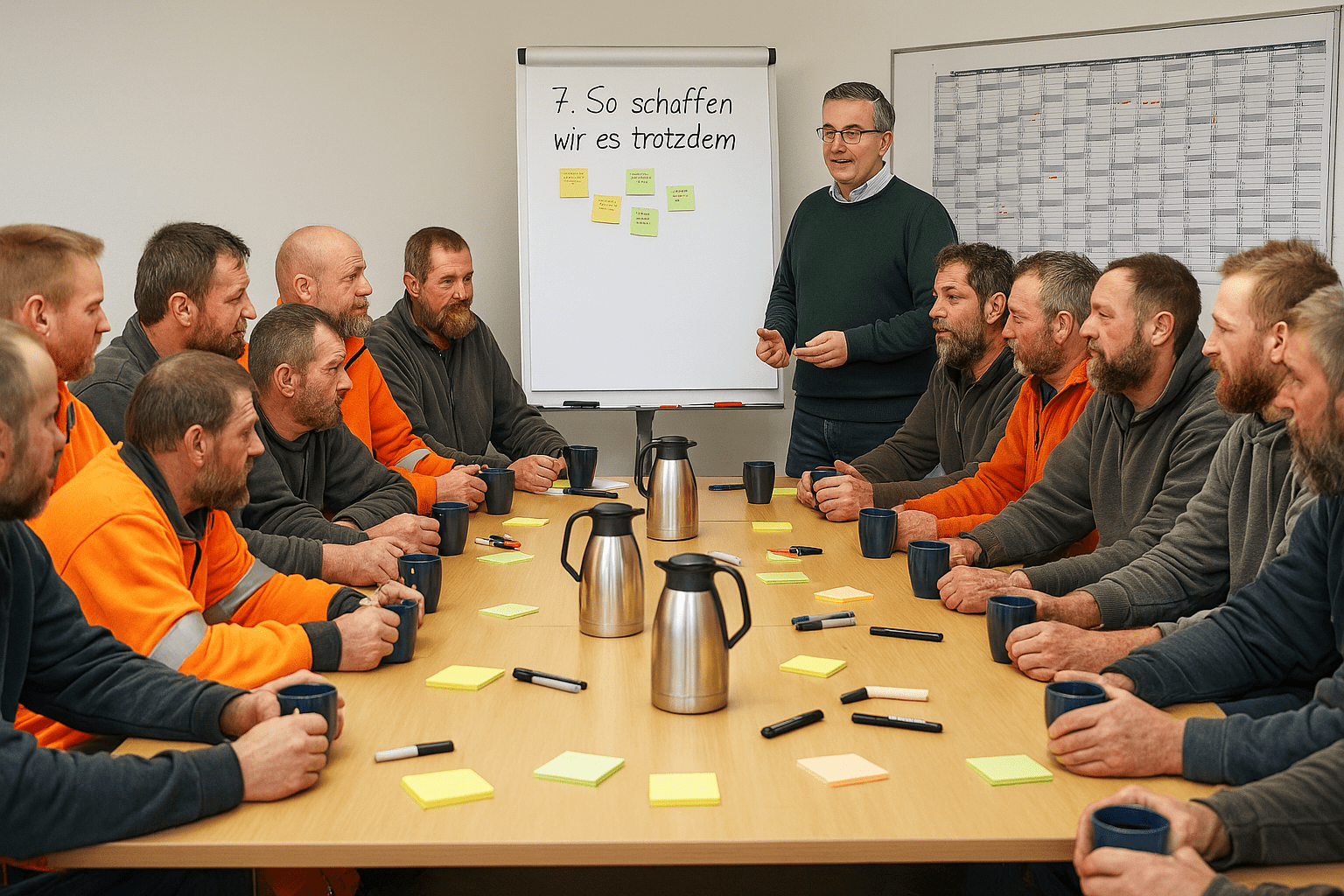 Mediator klärt mit Bauhofmitarbeitern an einem Flipchart einen Teamkonflikt im kommunalen Betrieb und erarbeitet konkrete Lösungen zur Wiederherstellung der Zusammenarbeit.