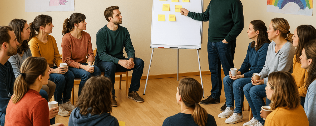 Mediator mit Kita-Team vor Flipchart bei der Konfliktklärung – gemeinsame Erarbeitung der Frage: Was belastet uns?