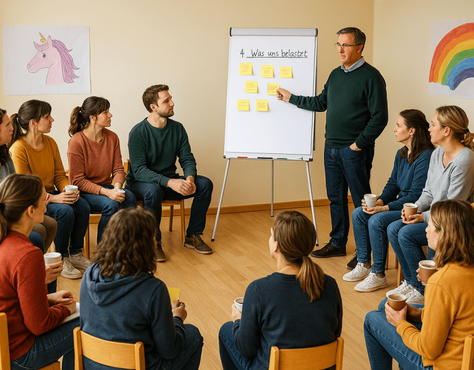 Mediator mit Kita-Team vor Flipchart bei der Konfliktklärung – gemeinsame Erarbeitung der Frage: Was belastet uns?
