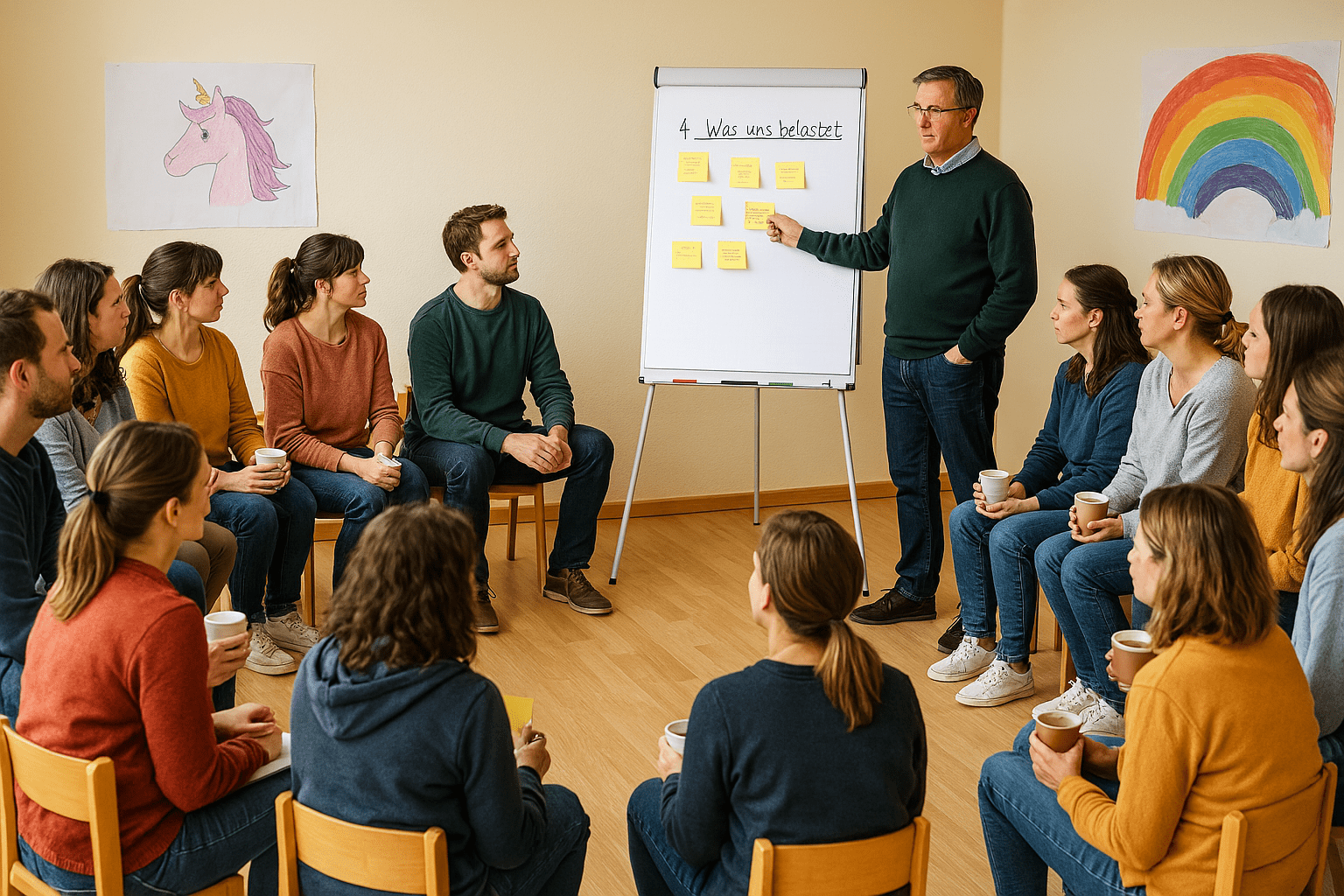 Mediator mit Kita-Team vor Flipchart bei der Konfliktklärung – gemeinsame Erarbeitung der Frage: Was belastet uns?