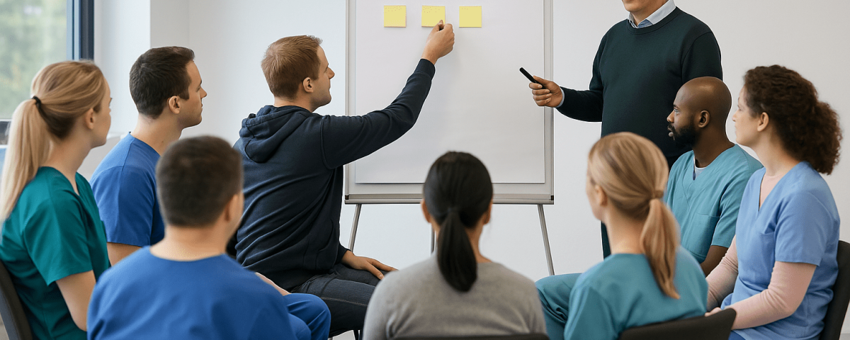 Mediator klärt mit Pflegeteam vor einem Flipchart Belastungen und Konflikte in der Einrichtung, um die Zusammenarbeit zu stärken