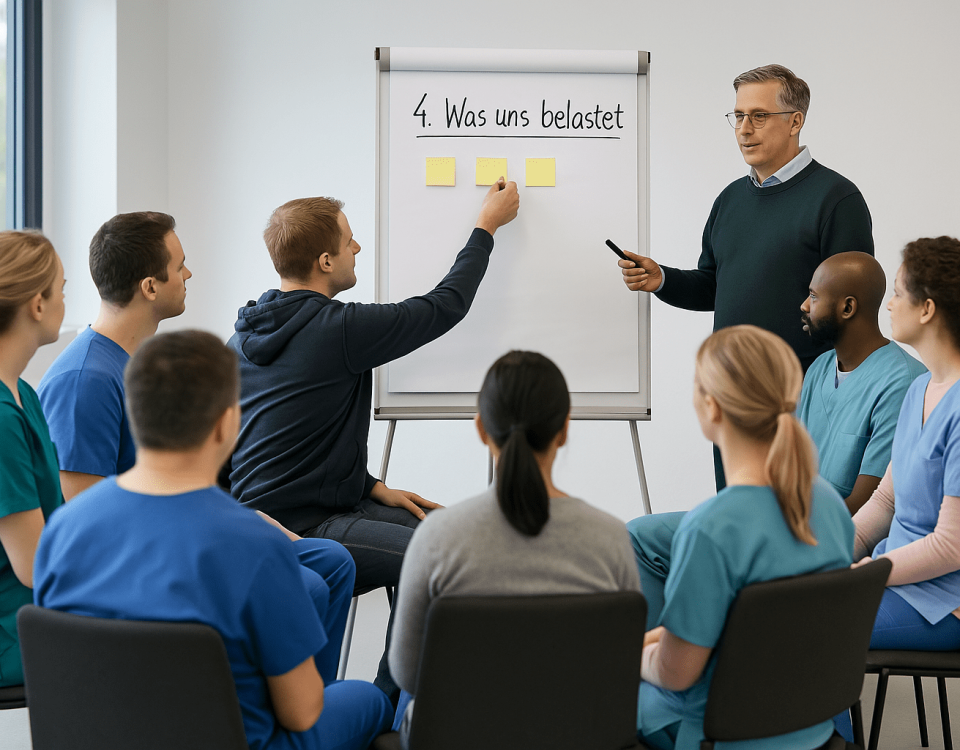 Mediator klärt mit Pflegeteam vor einem Flipchart Belastungen und Konflikte in der Einrichtung, um die Zusammenarbeit zu stärken
