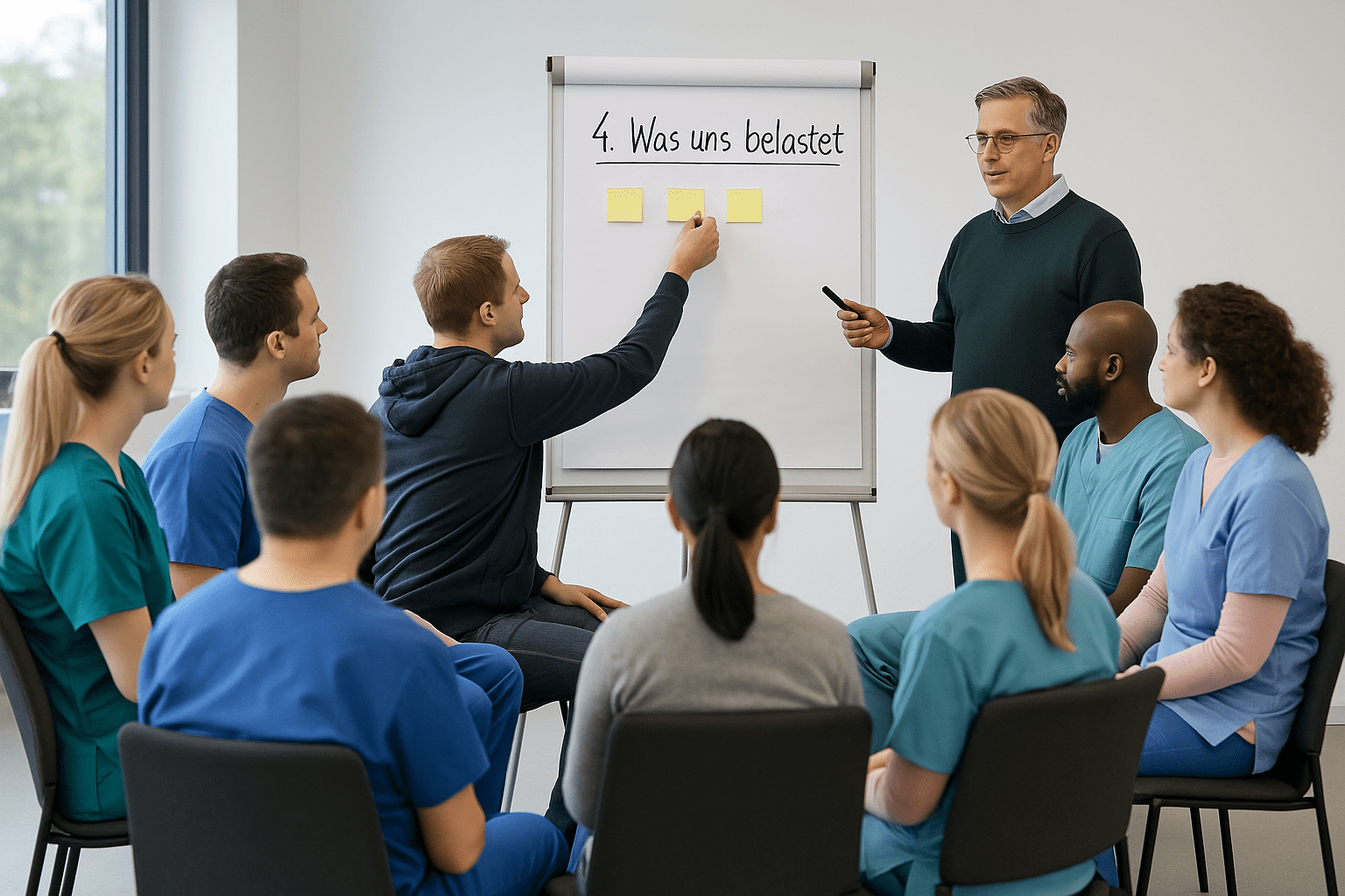 Mediator klärt mit Pflegeteam vor einem Flipchart Belastungen und Konflikte in der Einrichtung, um die Zusammenarbeit zu stärken