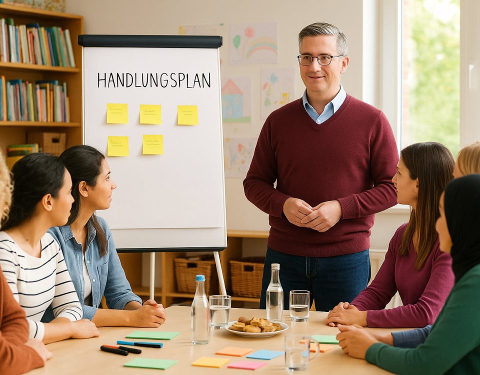Mann mittleren Alters steht vor einem Flipchart mit der Aufschrift „Handlungsplan“ und moderiert einen Workshop mit Erzieherinnen in einem Kindergartenraum.