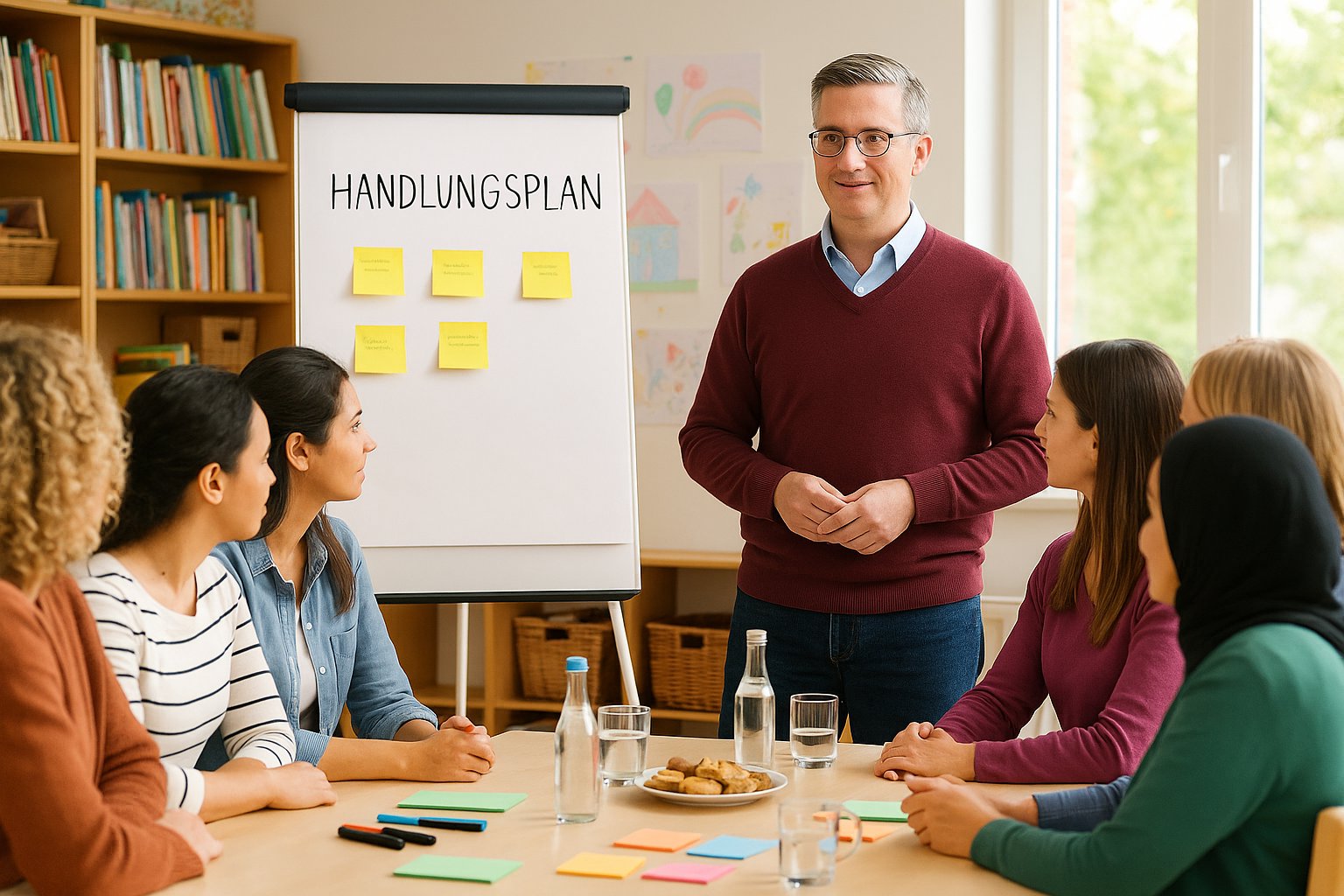 Mann mittleren Alters steht vor einem Flipchart mit der Aufschrift „Handlungsplan“ und moderiert einen Workshop mit Erzieherinnen in einem Kindergartenraum.
