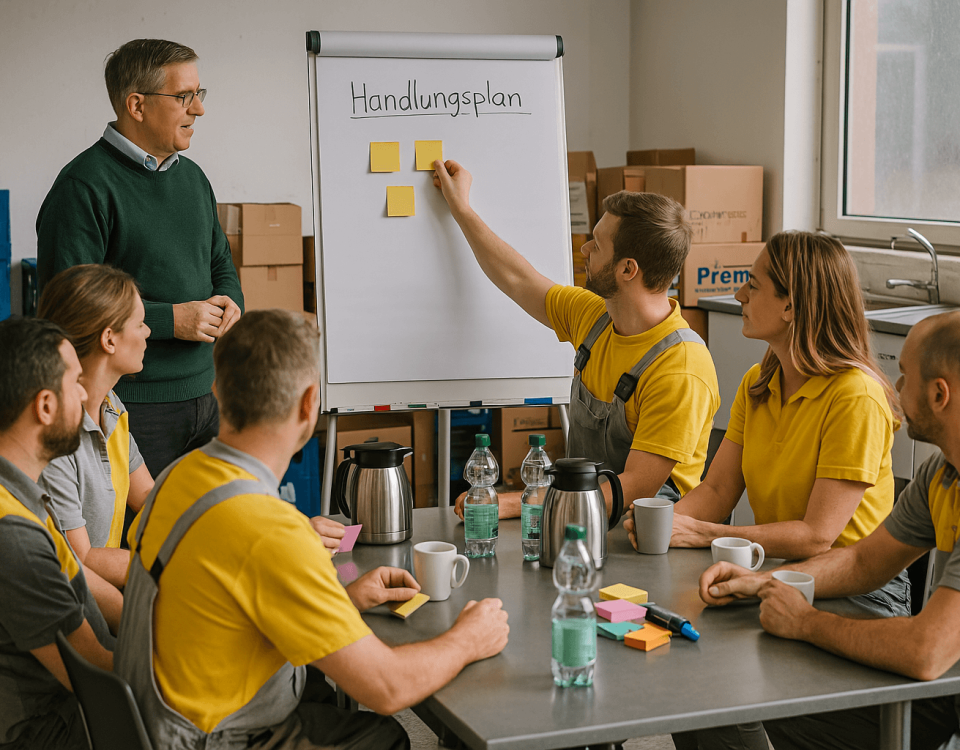 Arbeitskollegen im Handwerksbetrieb klären Konflikt