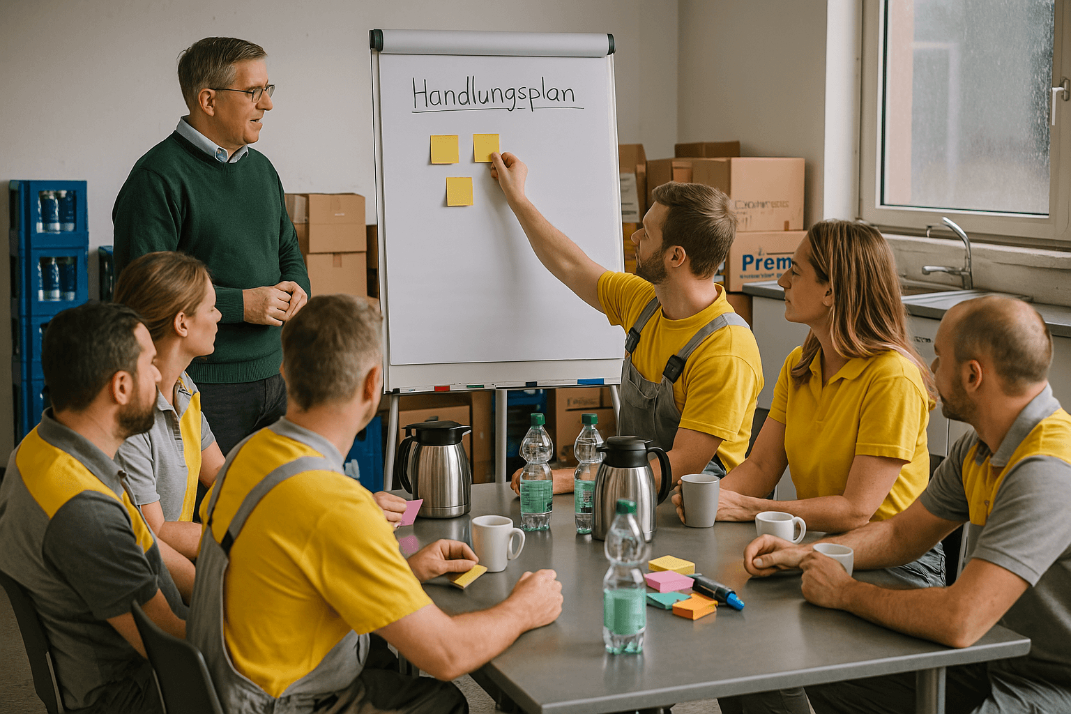 Arbeitskollegen im Handwerksbetrieb klären Konflikt